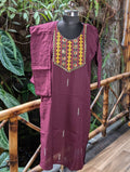 Cotton Wine Colour Kurta With Embroidery Work