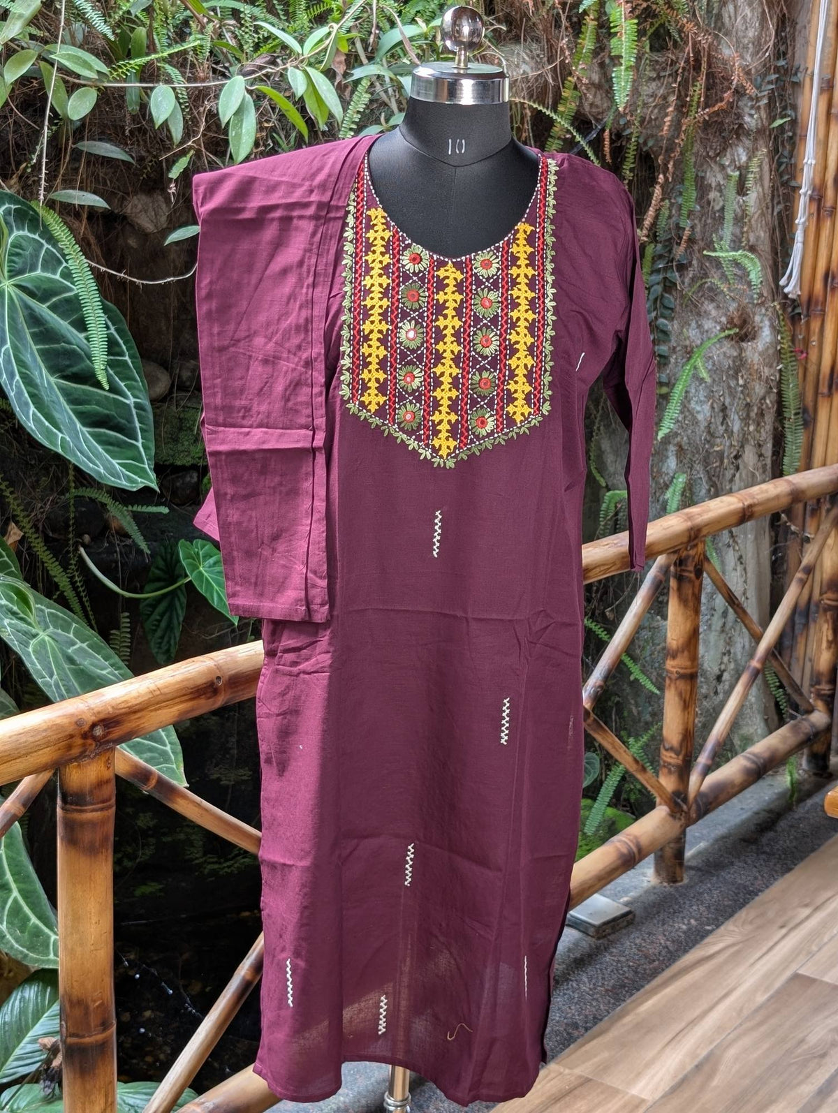Cotton Wine Colour Kurta With Embroidery Work