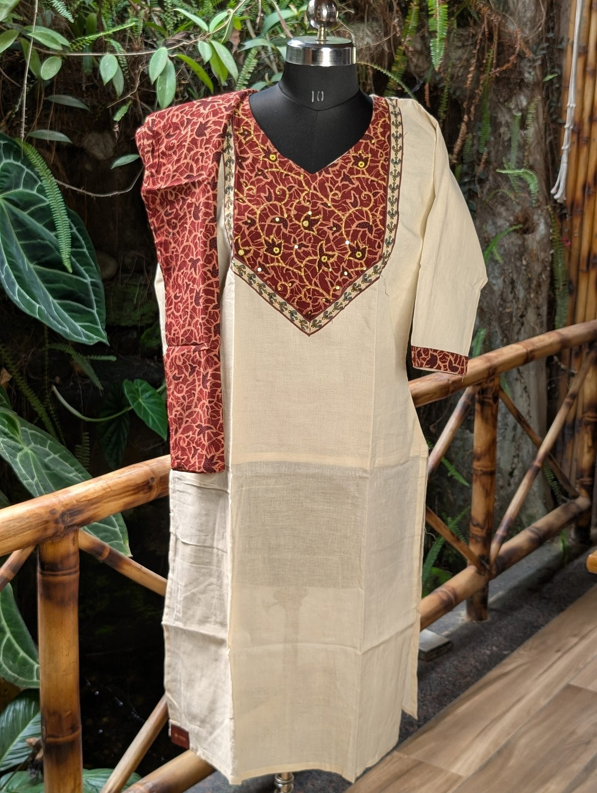 Cotton Maroon&Cream Kurta With Embroidery