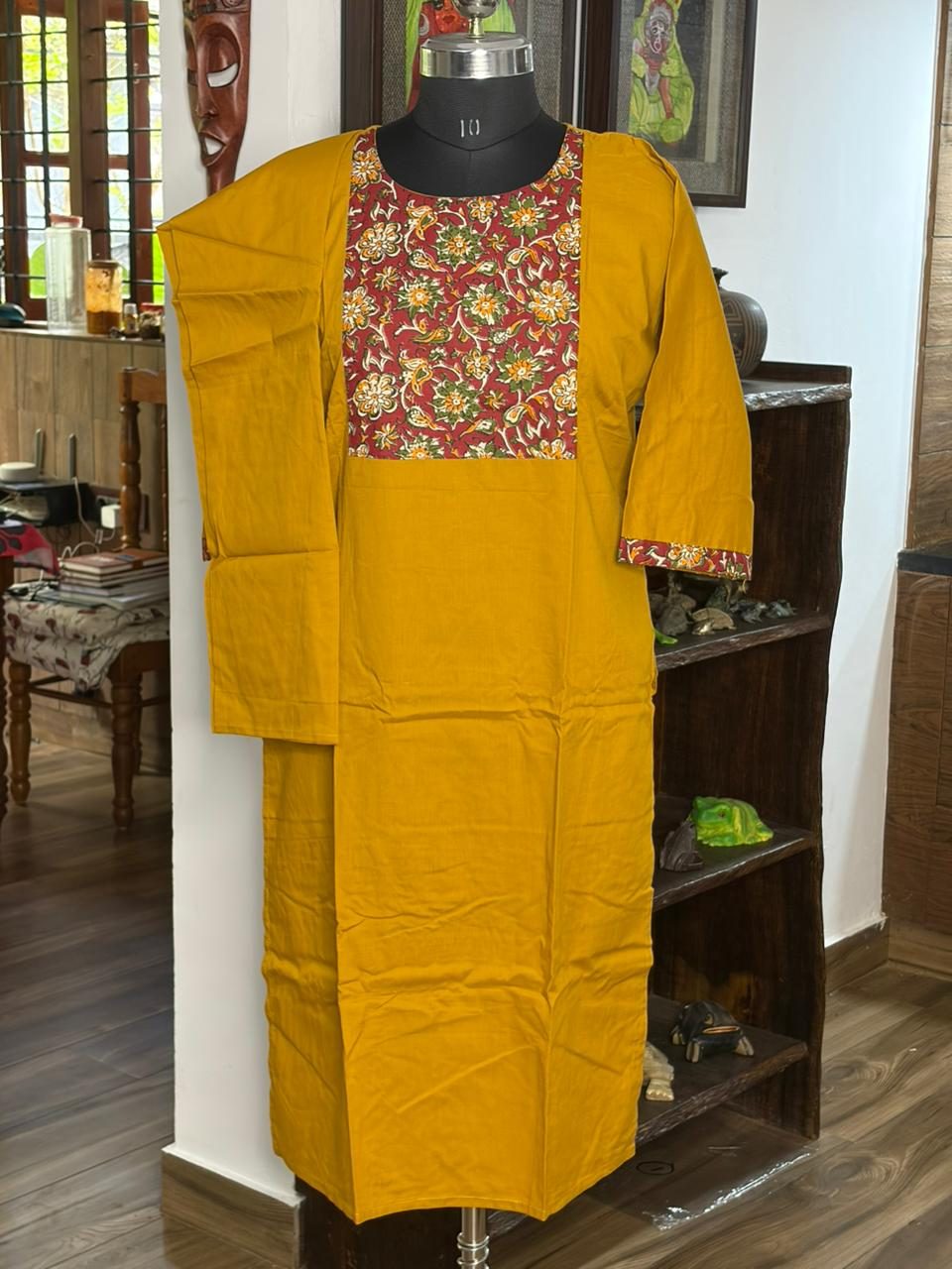 Cottonbrick Mustard Yellow&Maroon Kurta
