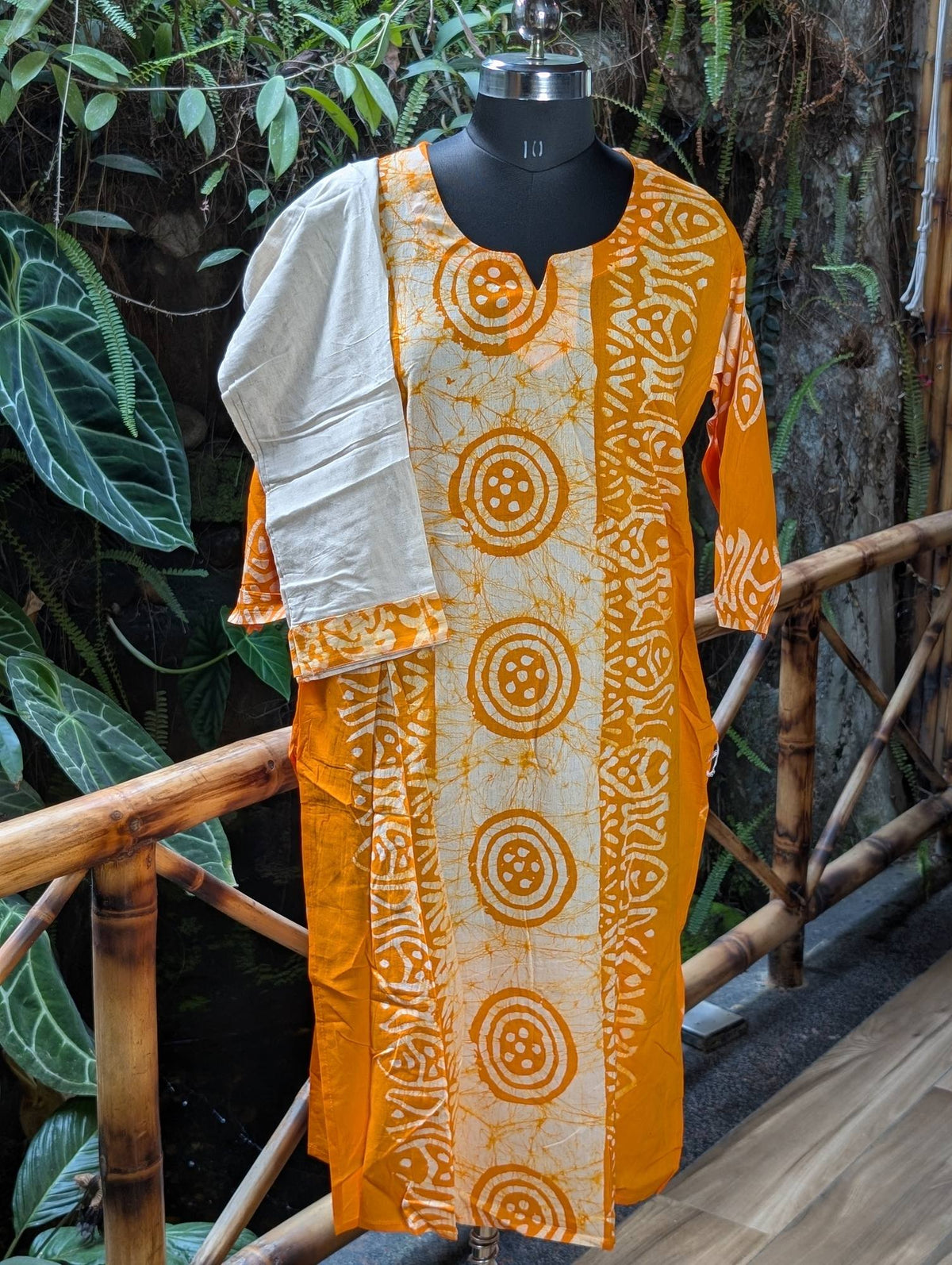 Batik Print Mango Yellow Kurta  And Cream Bottom