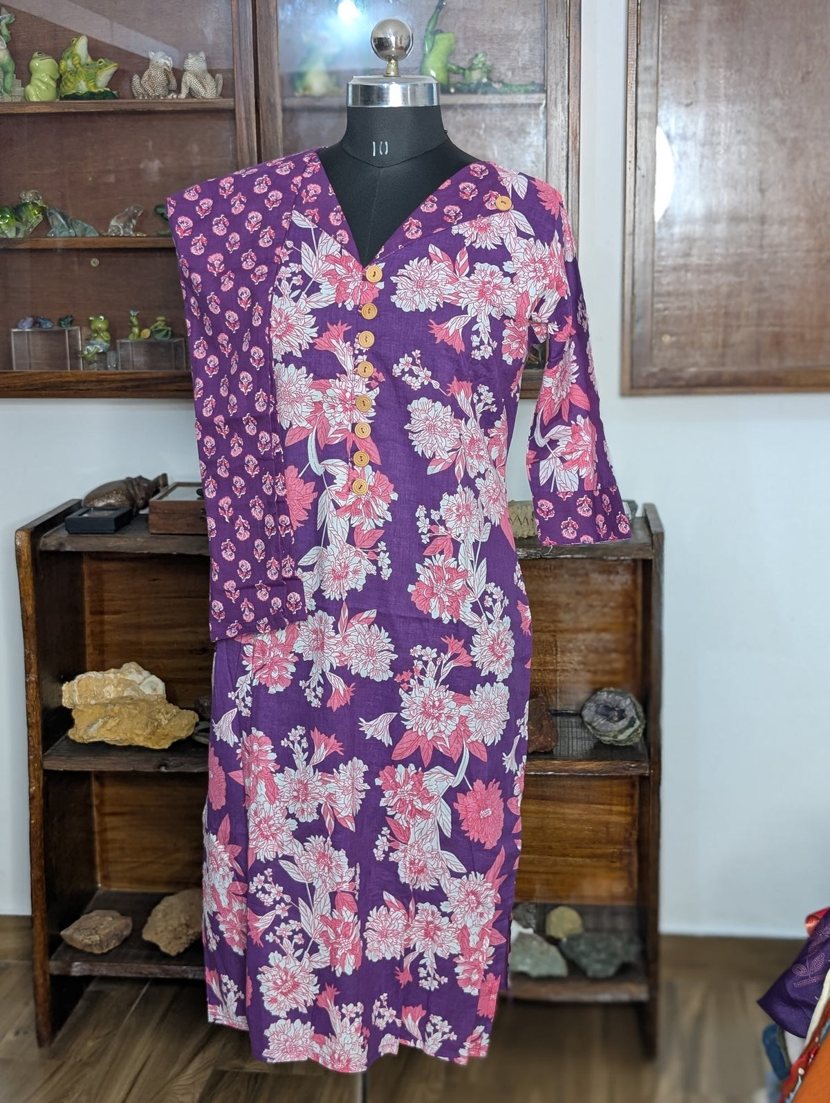 Cotton Violet Flowerprint Kurtha
