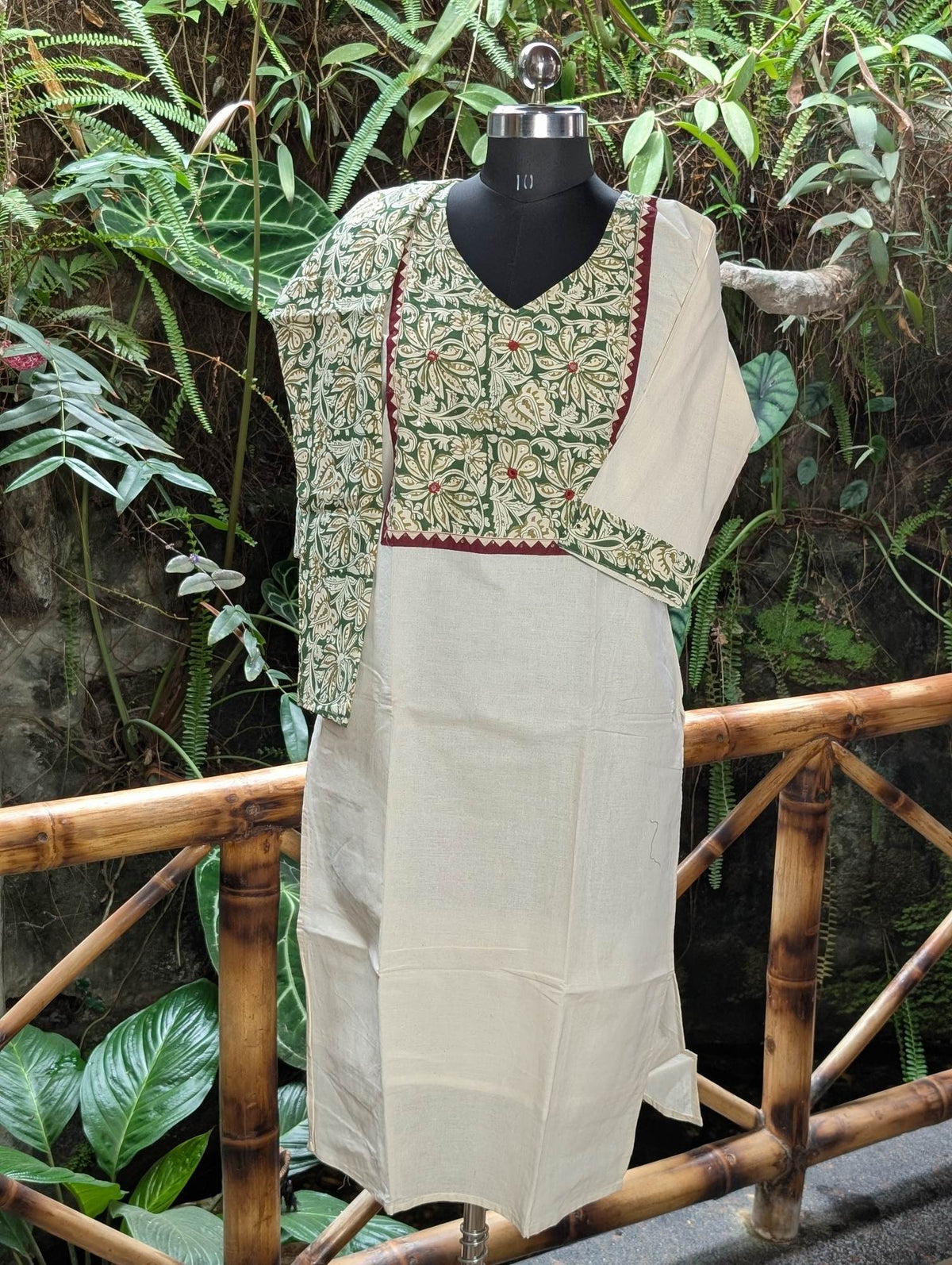 Cotton Cream &Green Kurthi With Cream Bottom