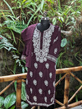 Chikankari Wine Colour Kurtha With White Bottom