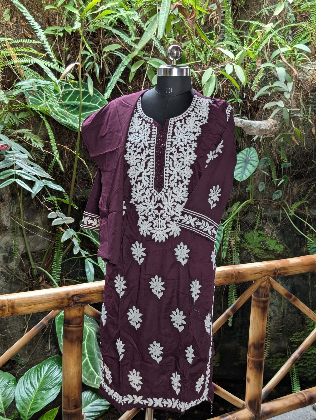 Chikankari Wine Colour Kurtha With White Bottom