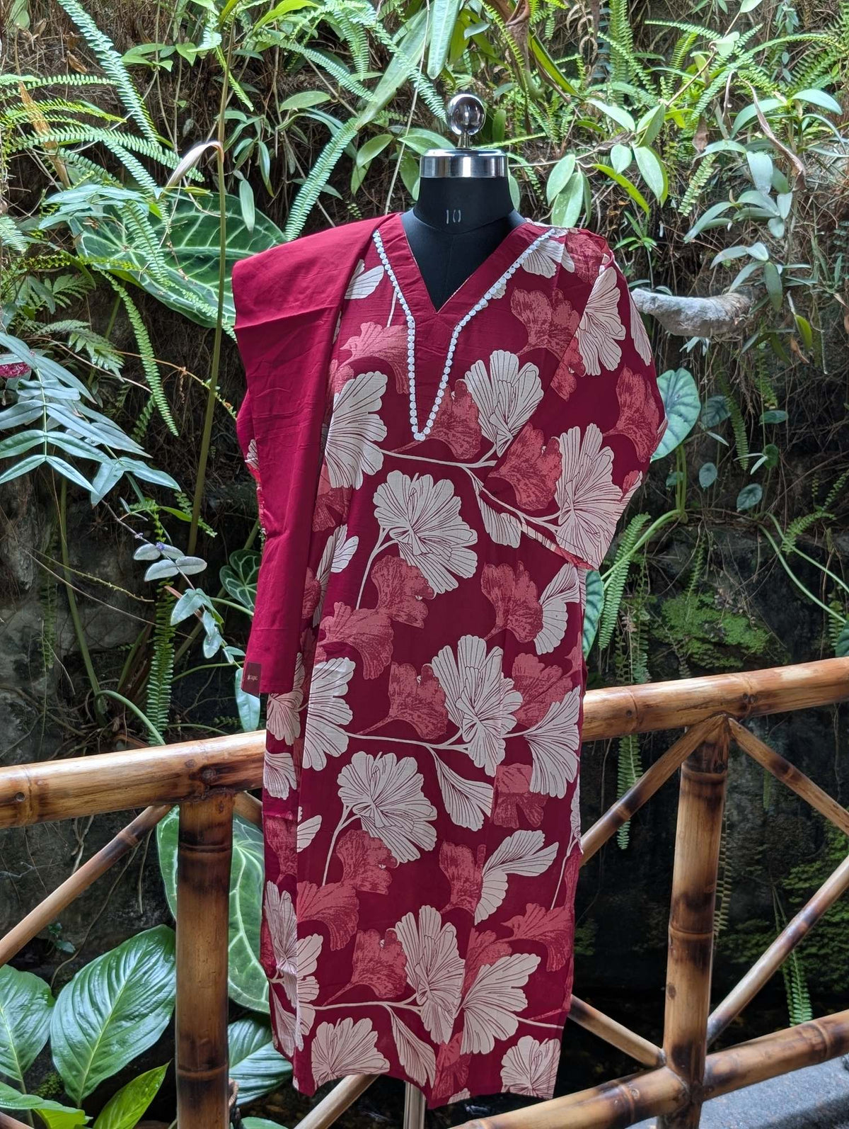 Maroon &Creamprinted Kurtha With Plain Bottom