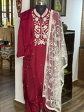Roman Silk Maroon And White 3Pcs