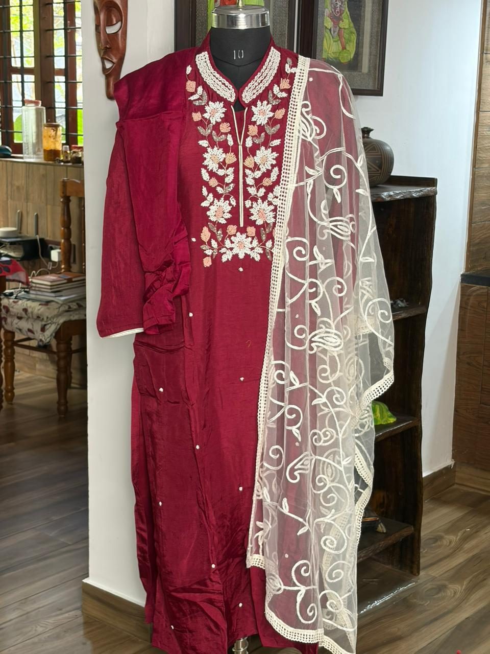 Roman Silk Maroon And White 3Pcs