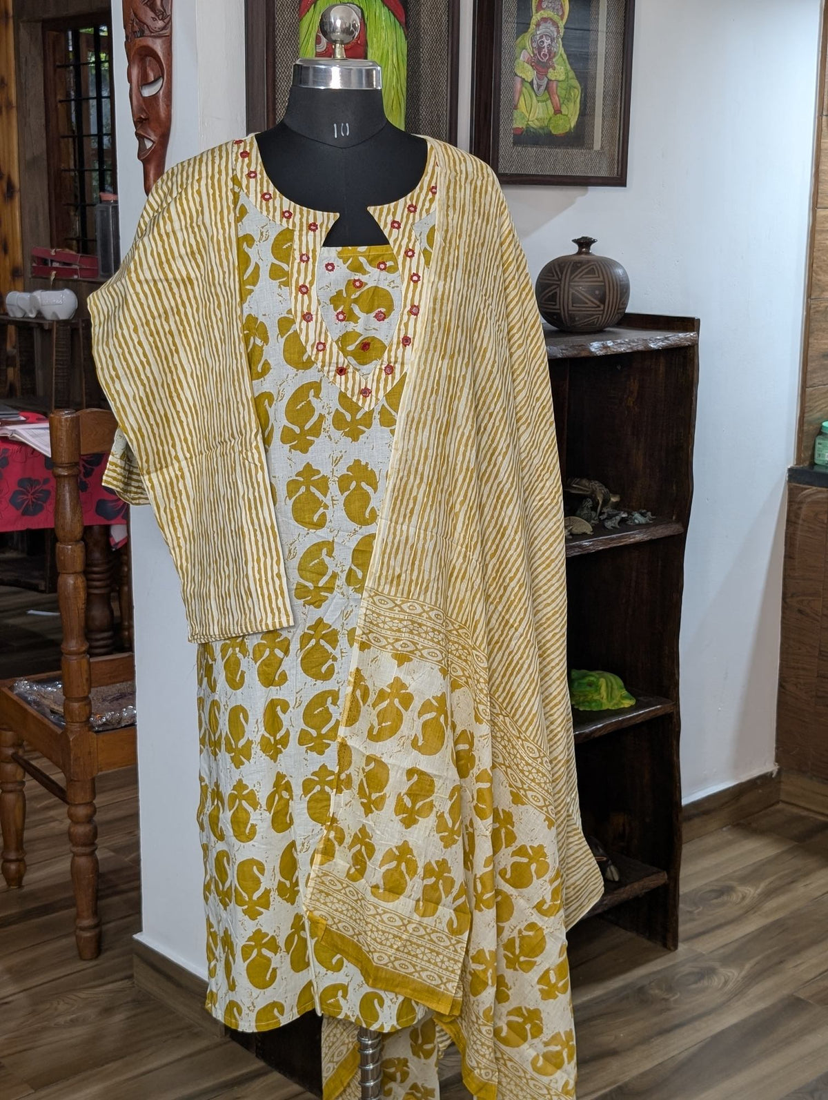 Mustard Yellow And Cream Mirror Work