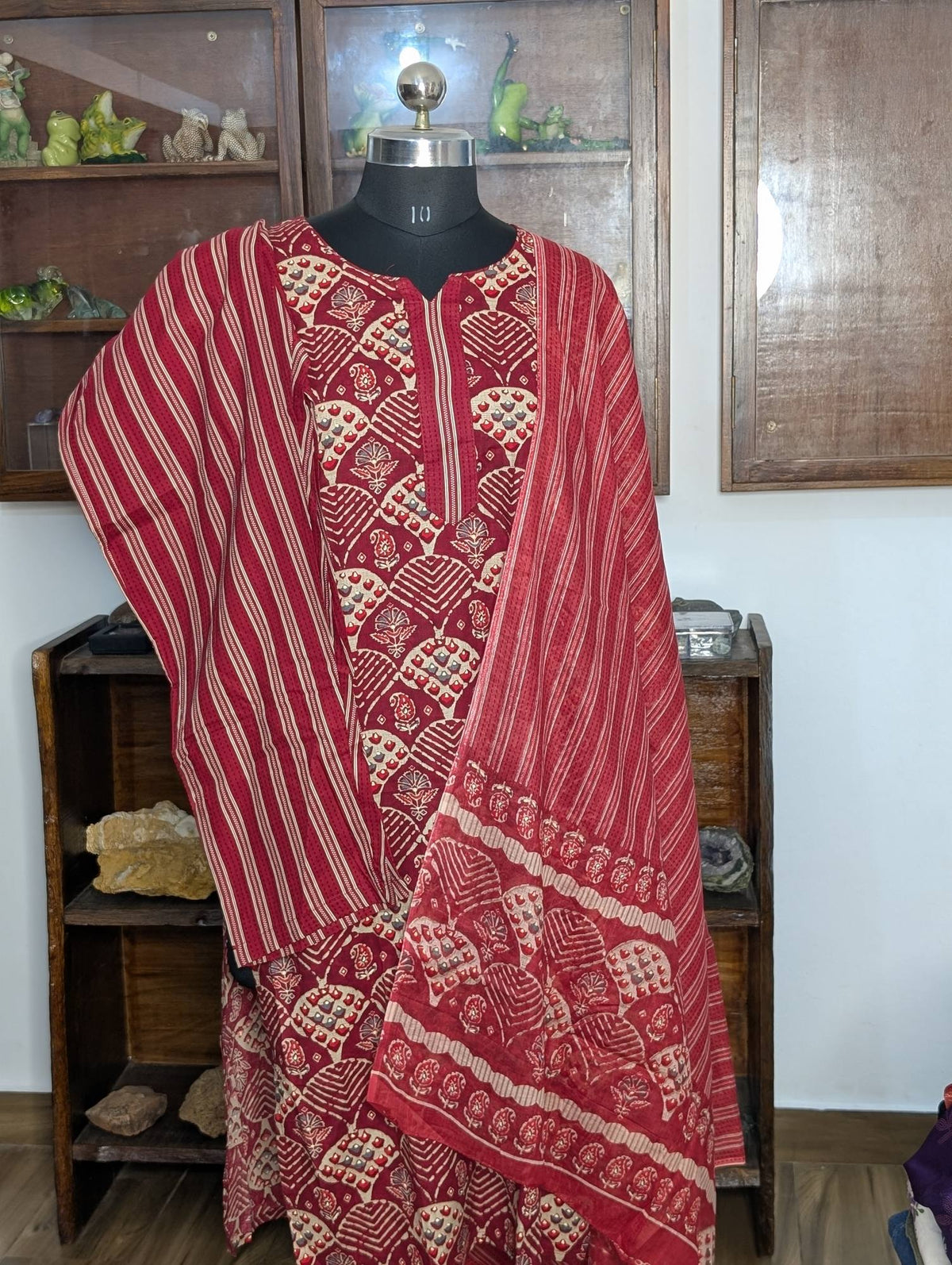 Red With Striped Bottom And Printed Shawl