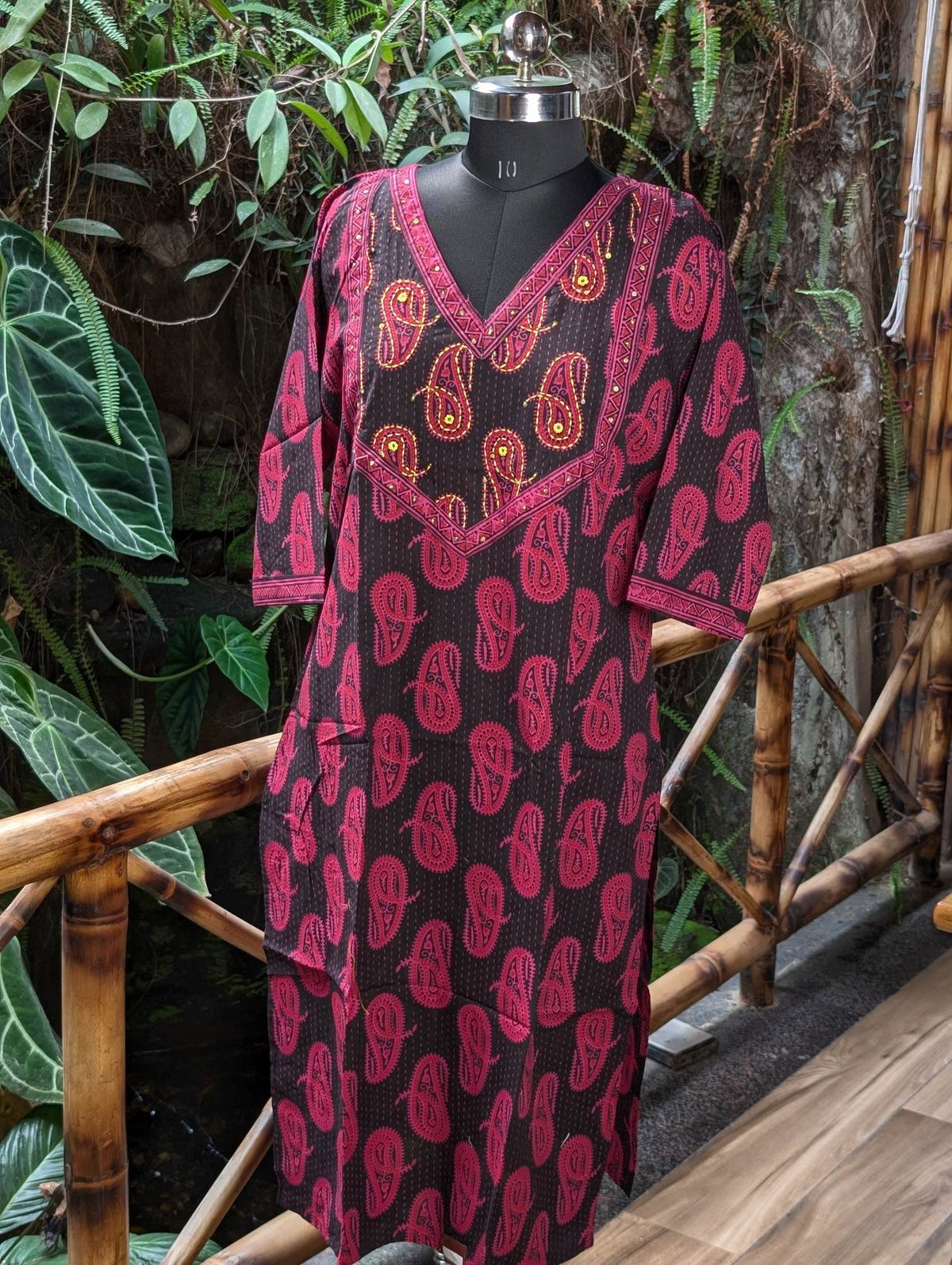 Cotton Black And Pink Kurta With Kantha Work