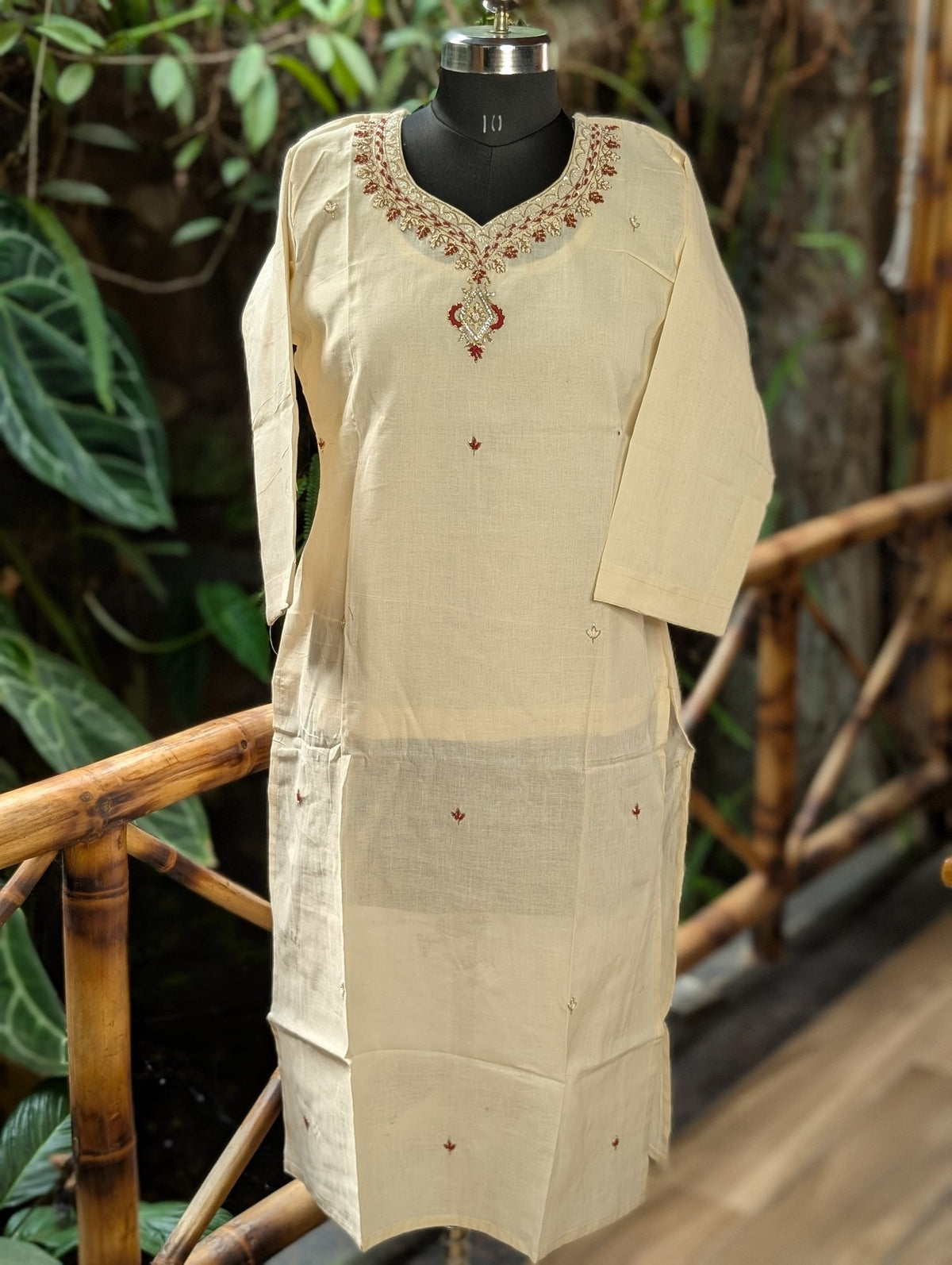 Cotton Cream Kurti With Beads Work
