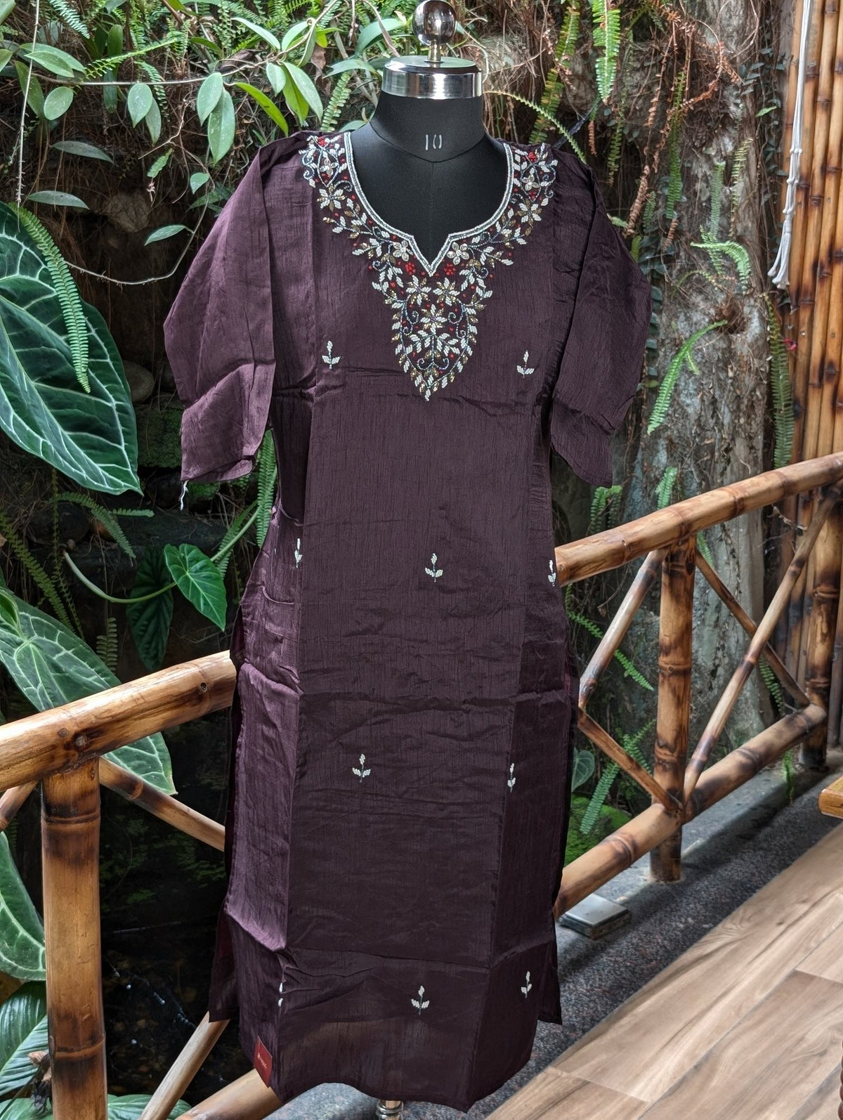Roman Silk Brown Kurta With Beads Work