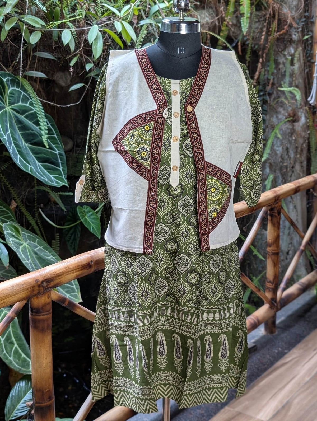 Green Kurta With Cream Overcoat