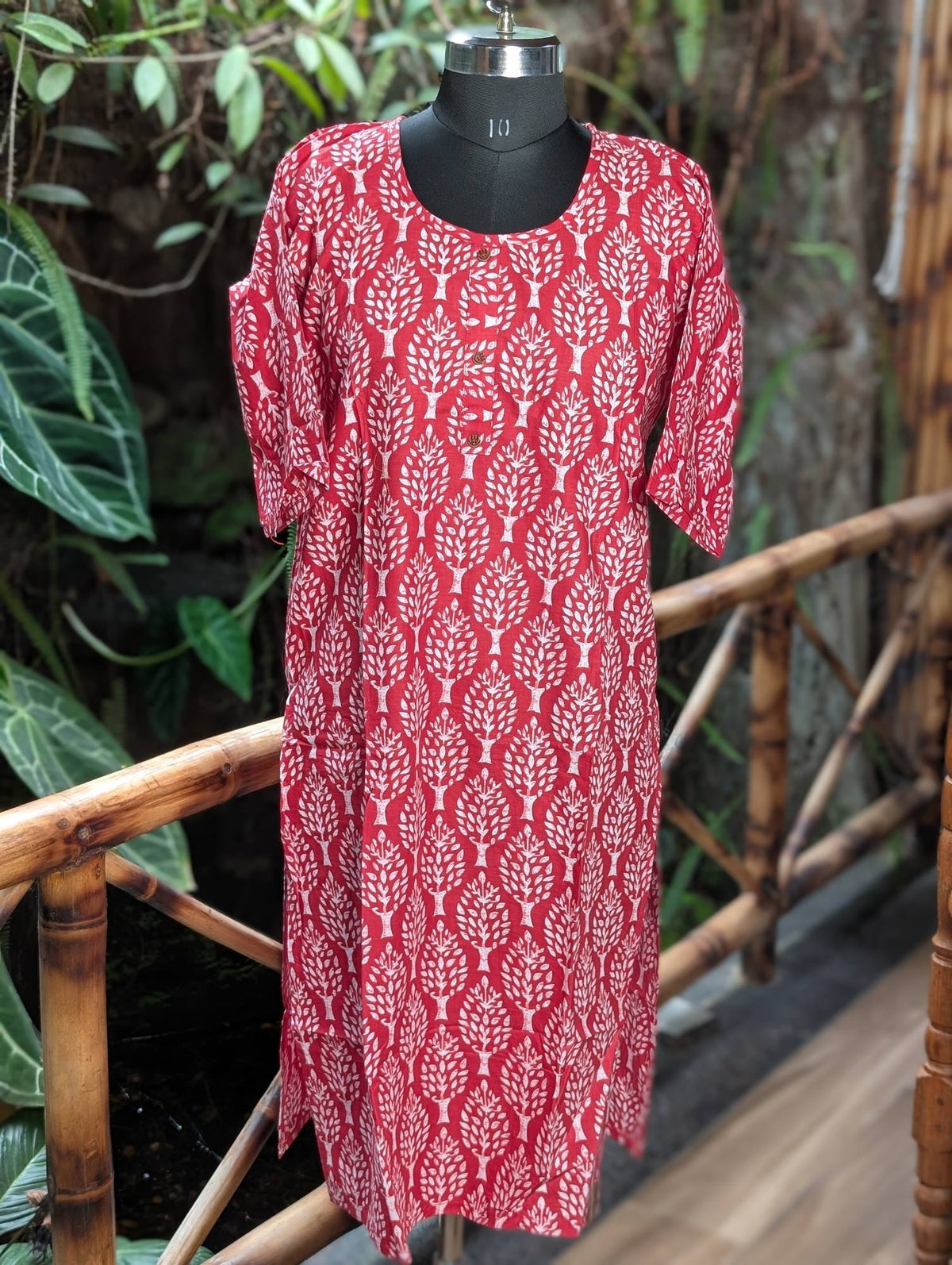 Red Cotton Kurta With Tree Design