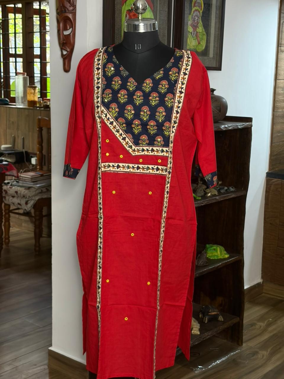 Cotton Red And Navy Blue Kurta