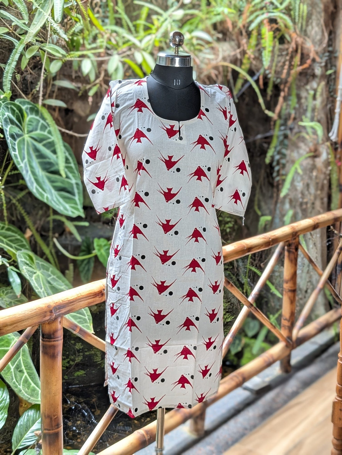 Cotton White Kurta With Red Fish Print