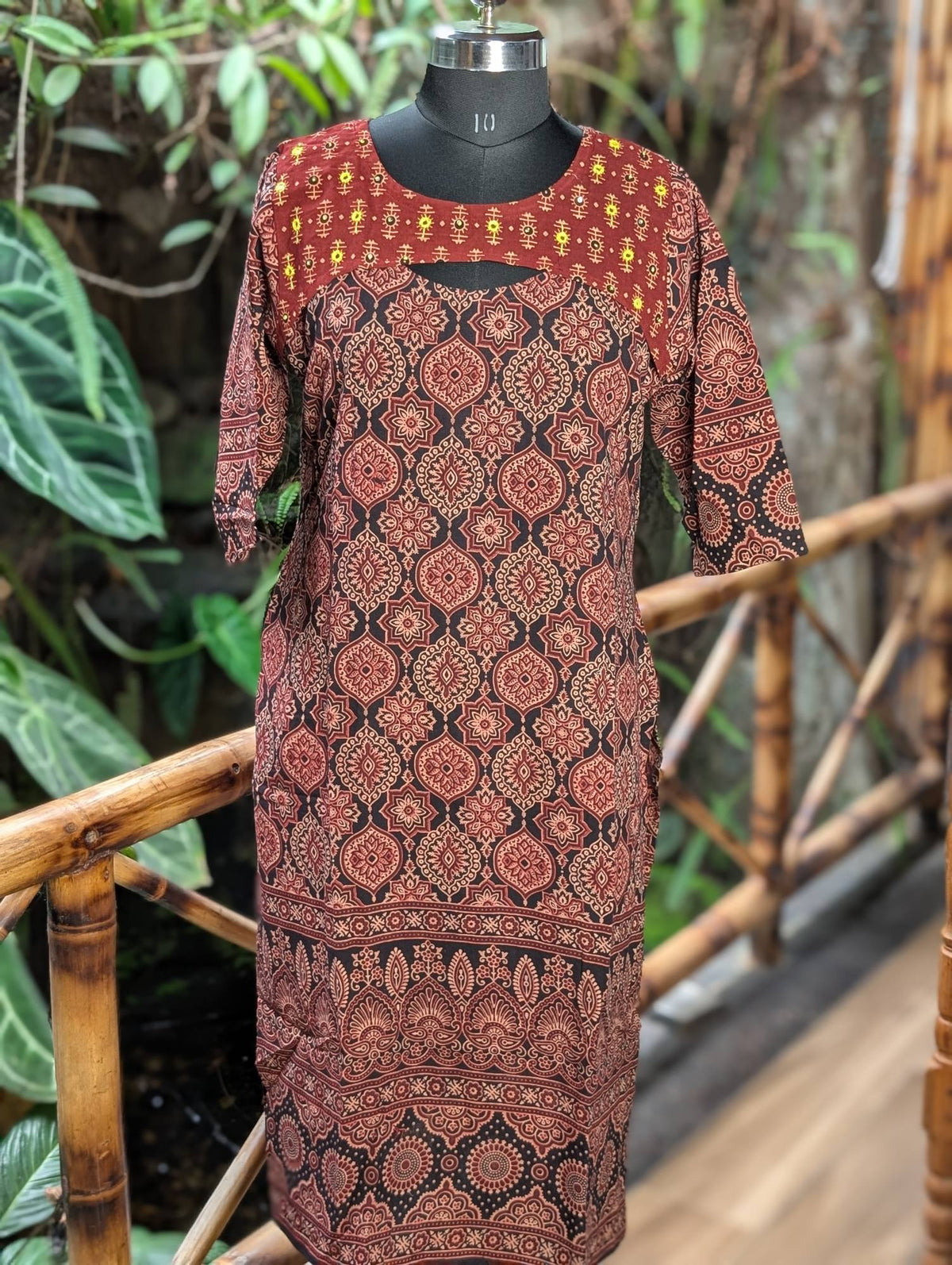 Cotton Ajirak Print Black And Maroon Kurta