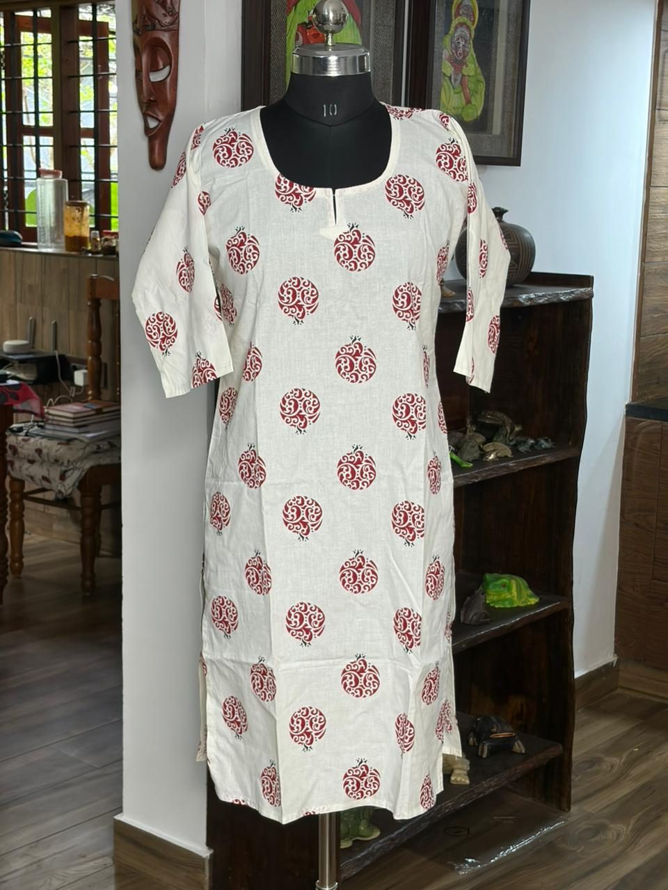 Cotton White Kurta With Red Print