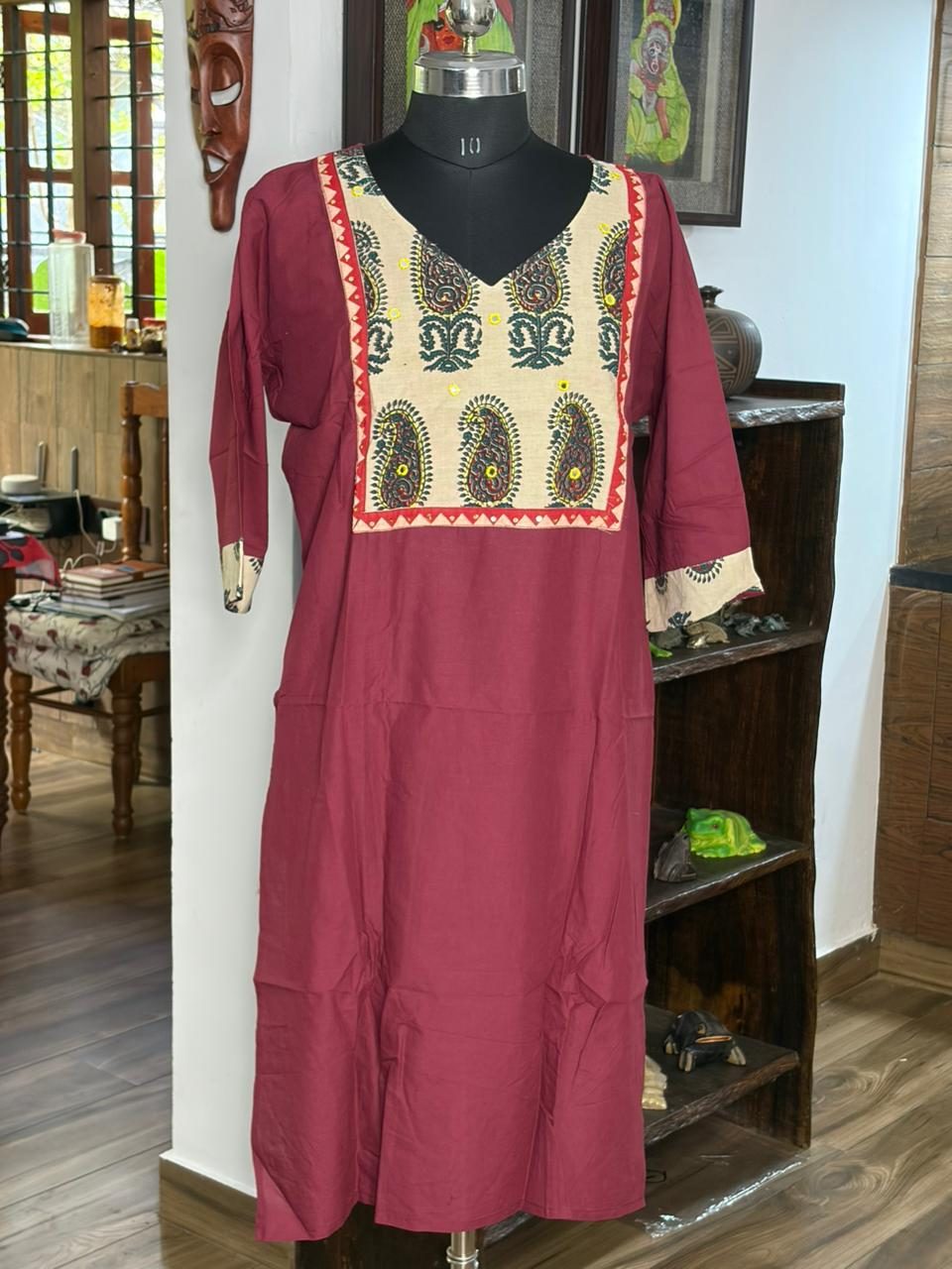 Cotton Maroon And Cream Kurta