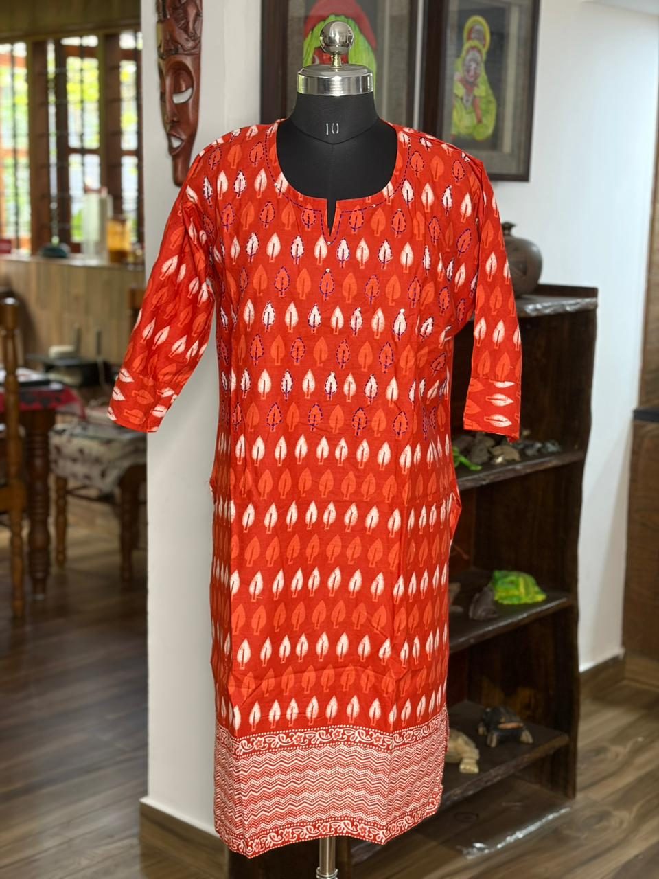 Cotton Orange Kurta With Kantha