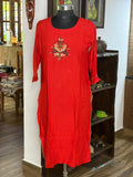 Bombay Rayon Red Kurta With Kantha