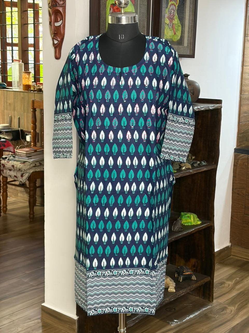 Cotton Navyblue With Green Print