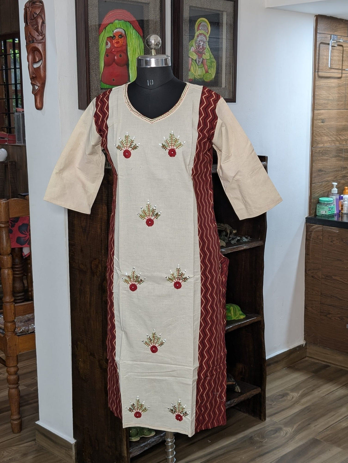 Cotton Cream And Maroon With Embroidery