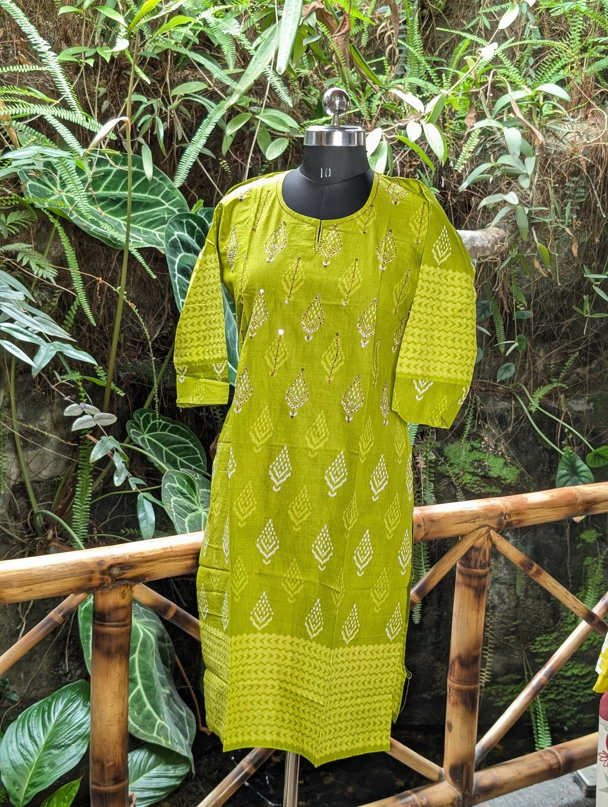 Cotton Green Kurti With Kantha Work
