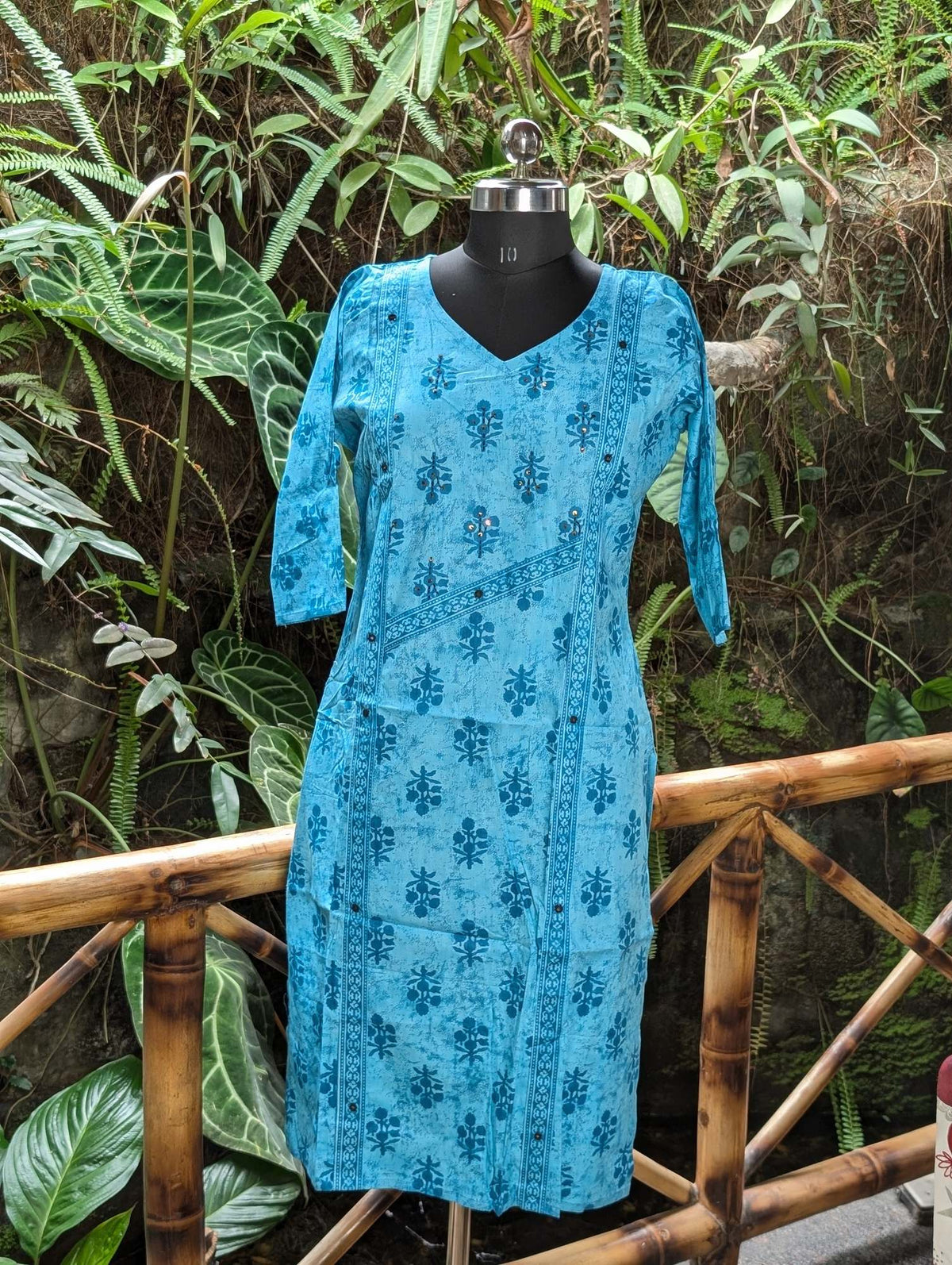 Cotton Blue With Flower Print Kurti