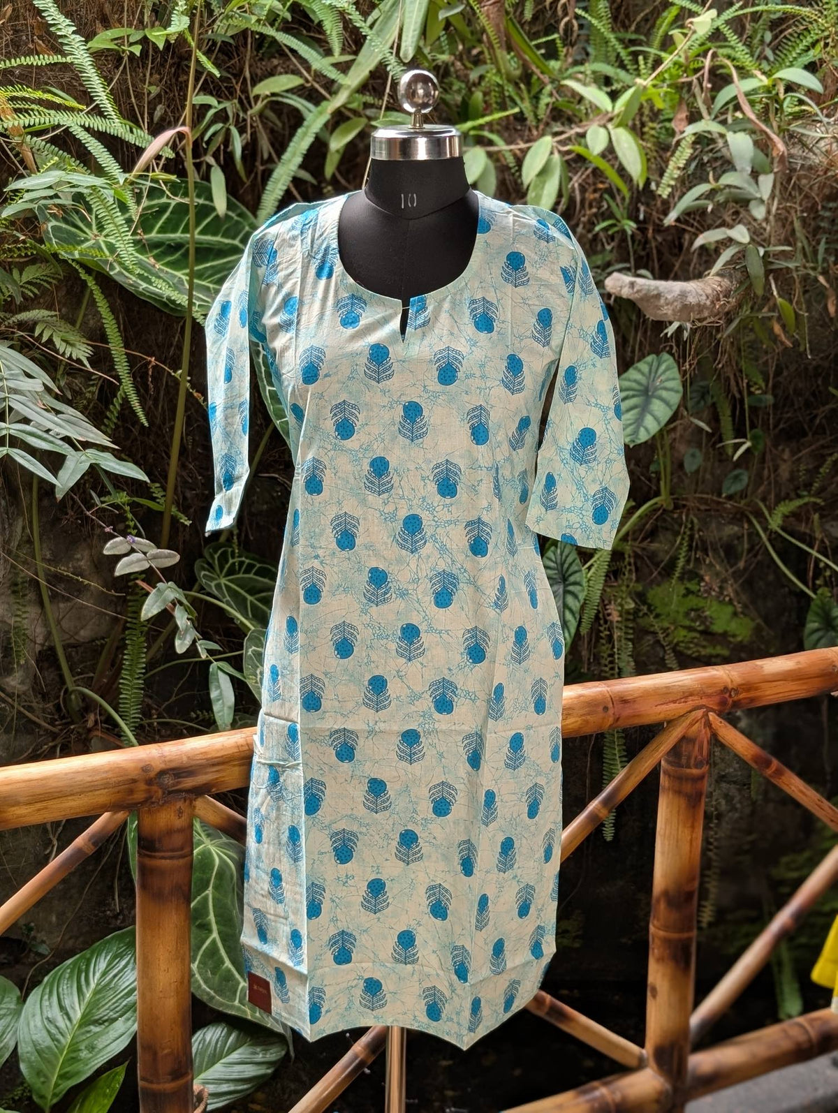Cotton Light Blue With Blue Block Printkurti