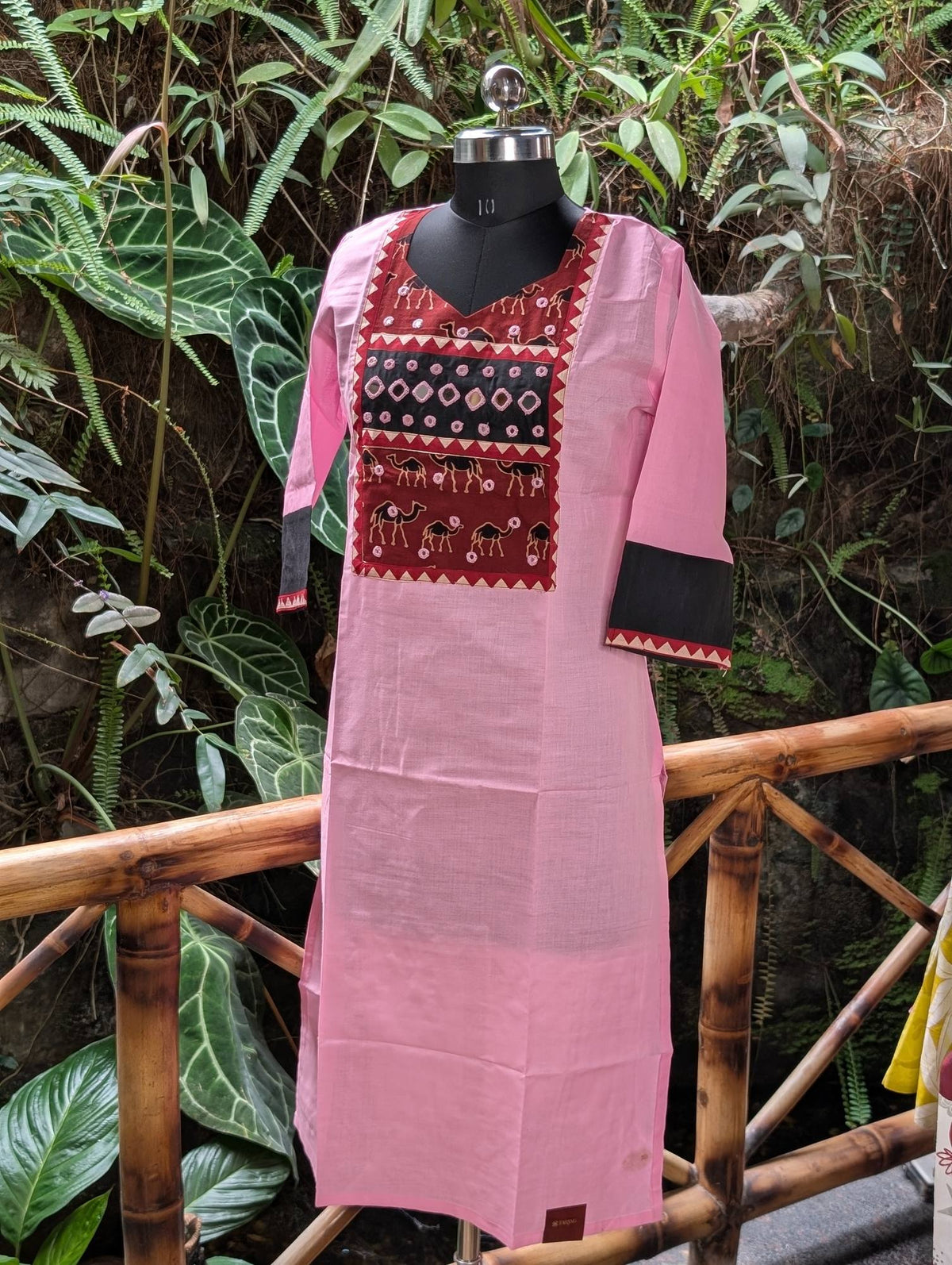 Cotton Pink Kurta With Camel Print&Mirrorwork