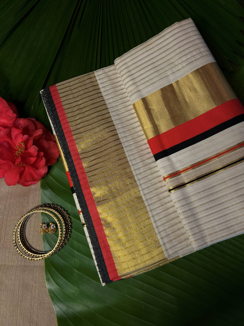 BLACK & CRIMSON STRIPED SETSAREE