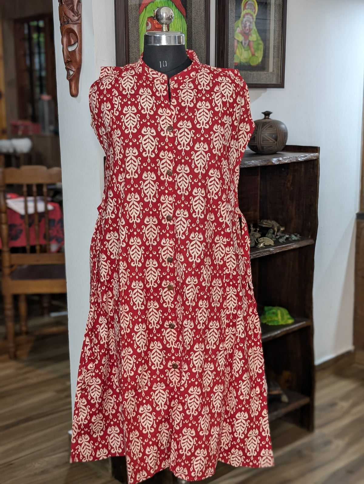 Cotton Maroon And Cream Sleeveless Frock Kurta
