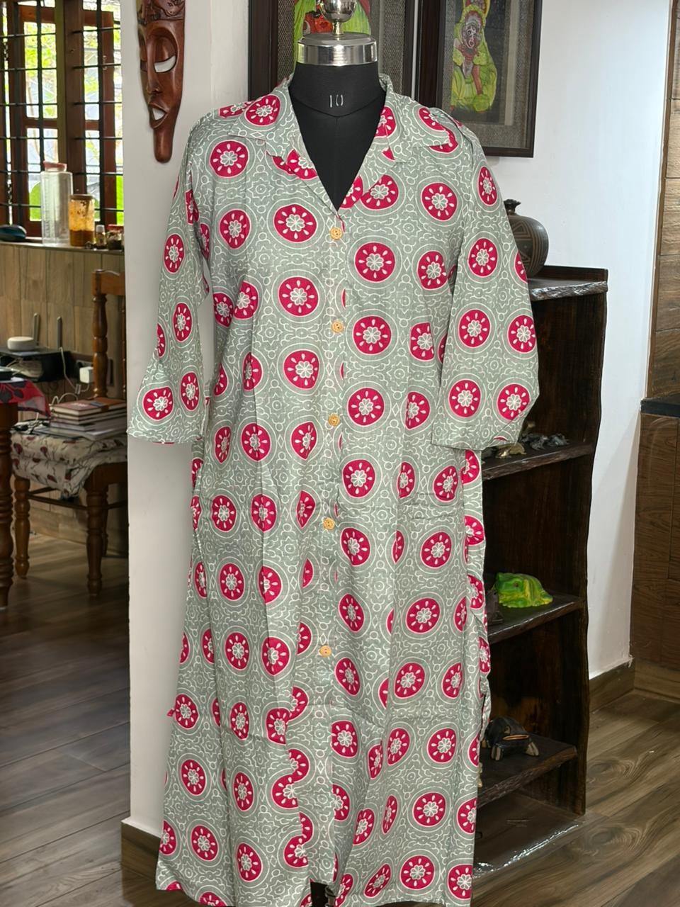 Cotton Grey And Pink With Collar  Neck Frock Kurtha