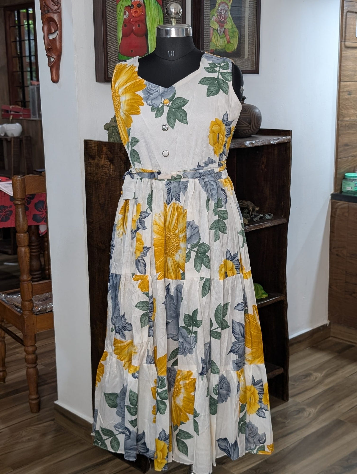 White Frock Kurti With Big Flower Print Sleeveless Chifon With Waist Band