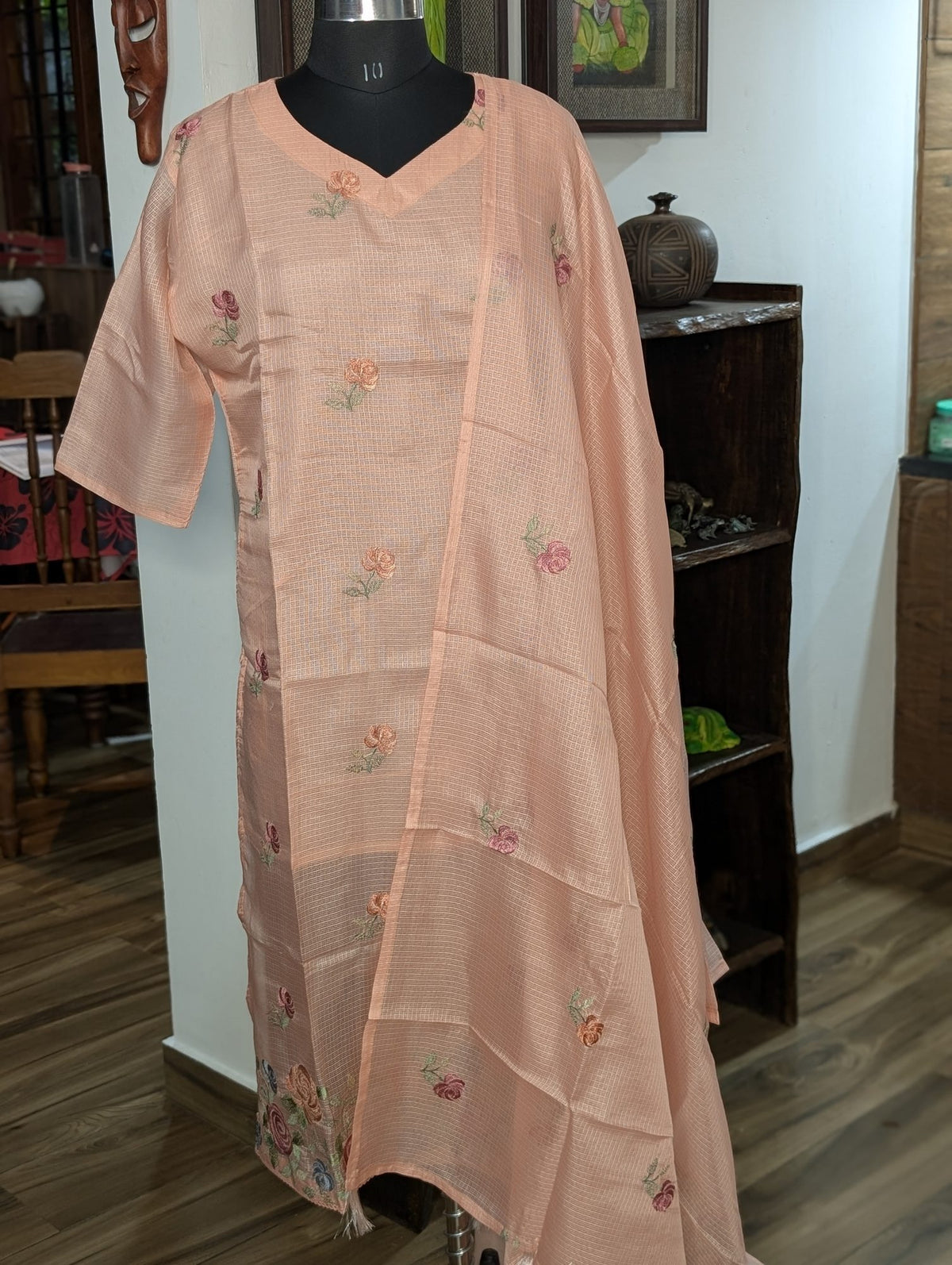 Peach Kotta Kurthi With Shawl