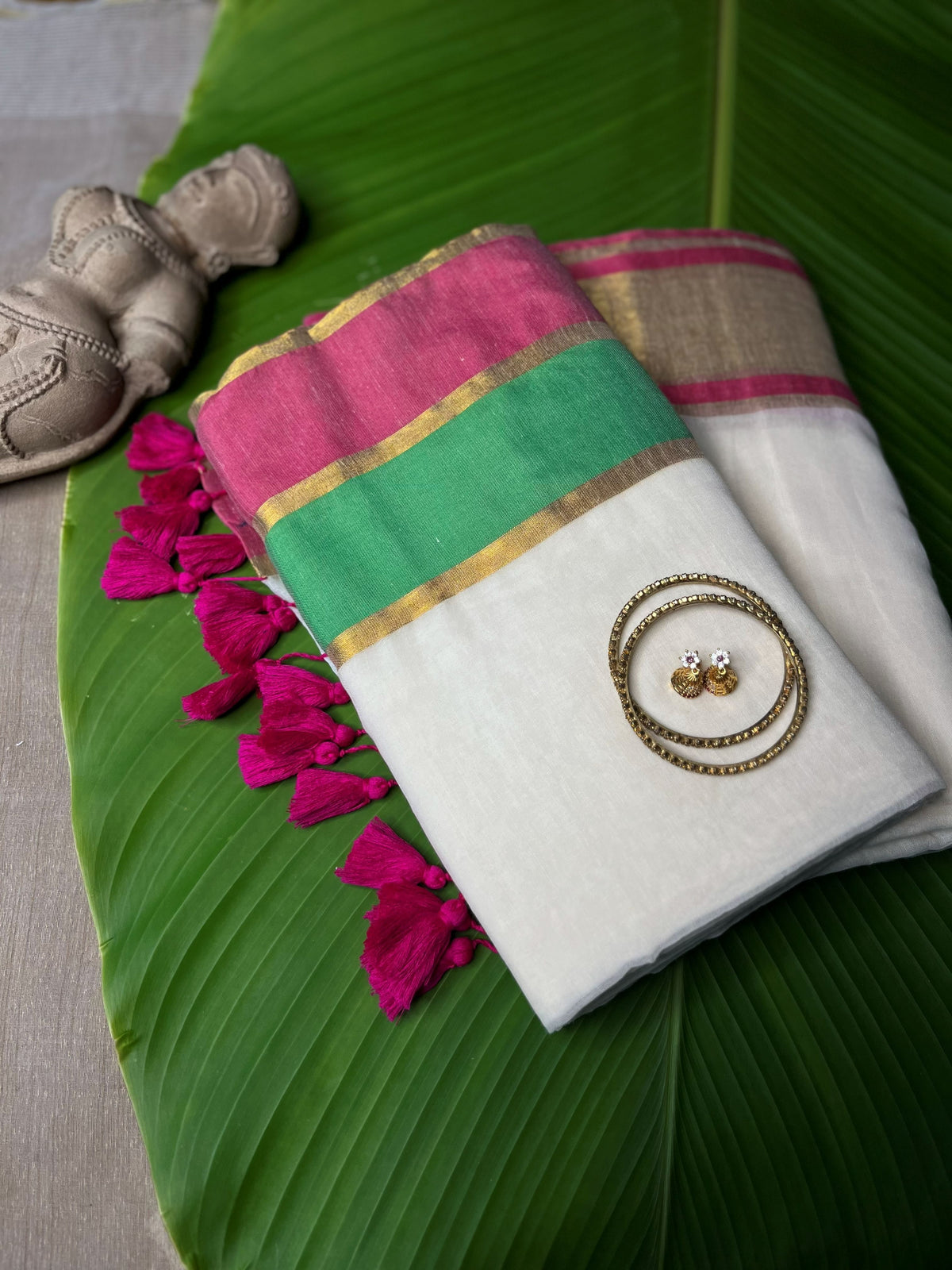 EMERALD & PINK BAND FINE ZARI WEAVE
