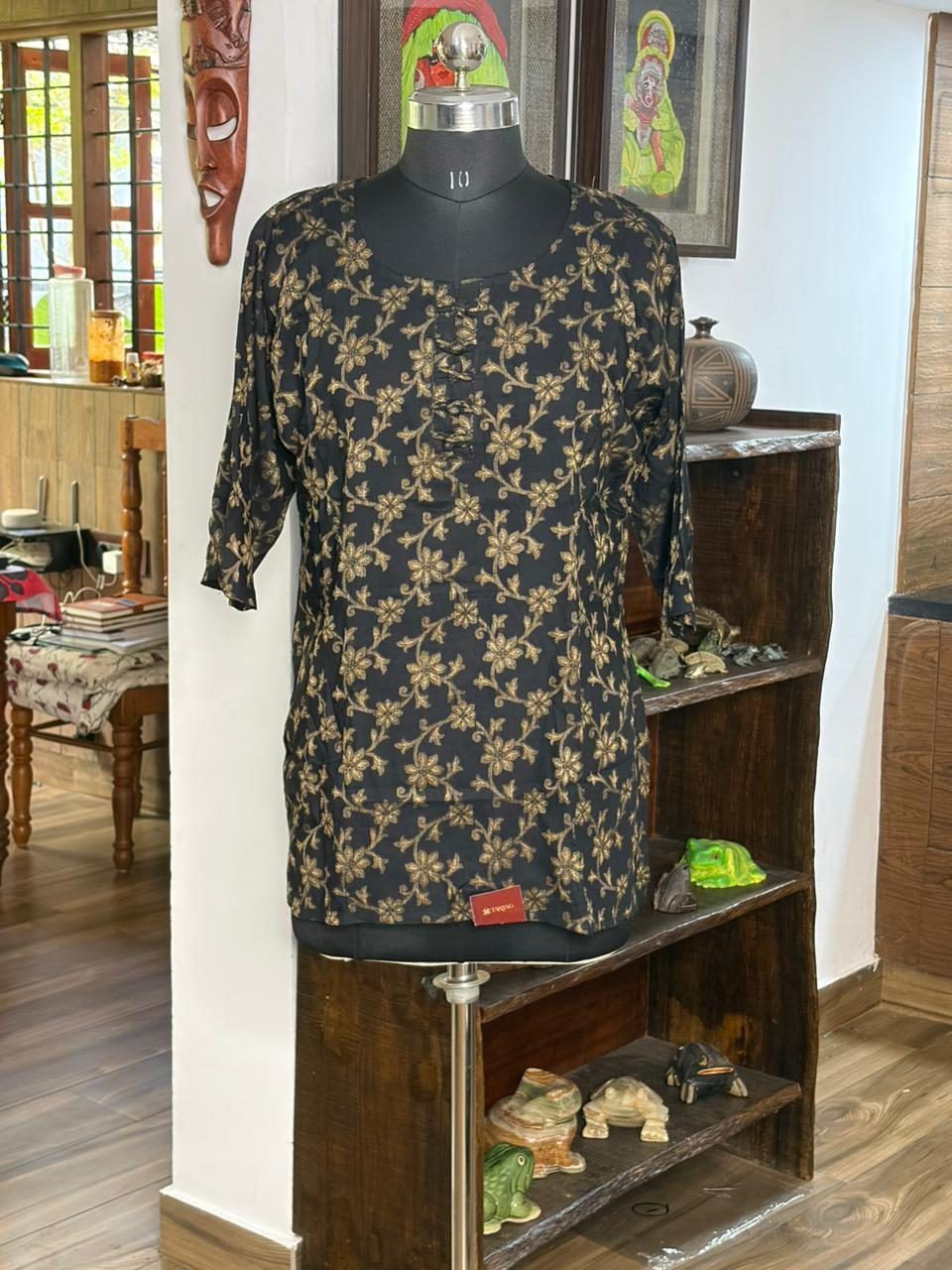 Cotton Black With Gold Print Short  Kurti