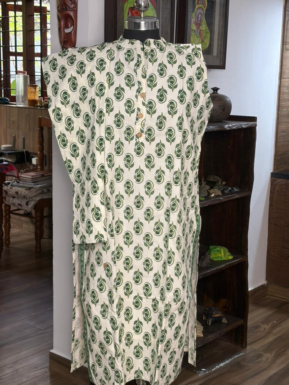 Cotton 2 Pcs White With Green Blockprint Sleeveless Kurthi