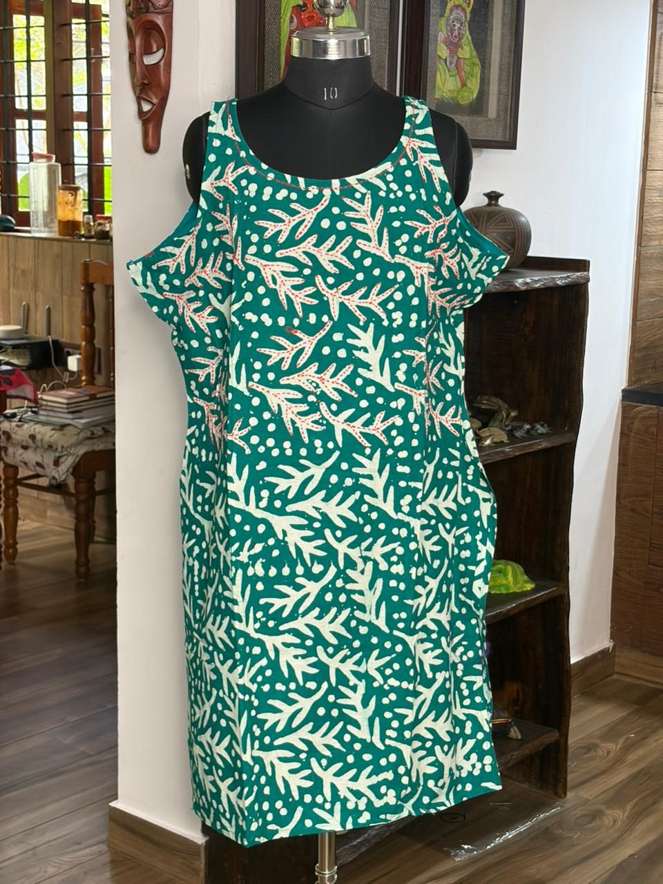 Cotton  Green Kantha Work Sleeveless Kurthi