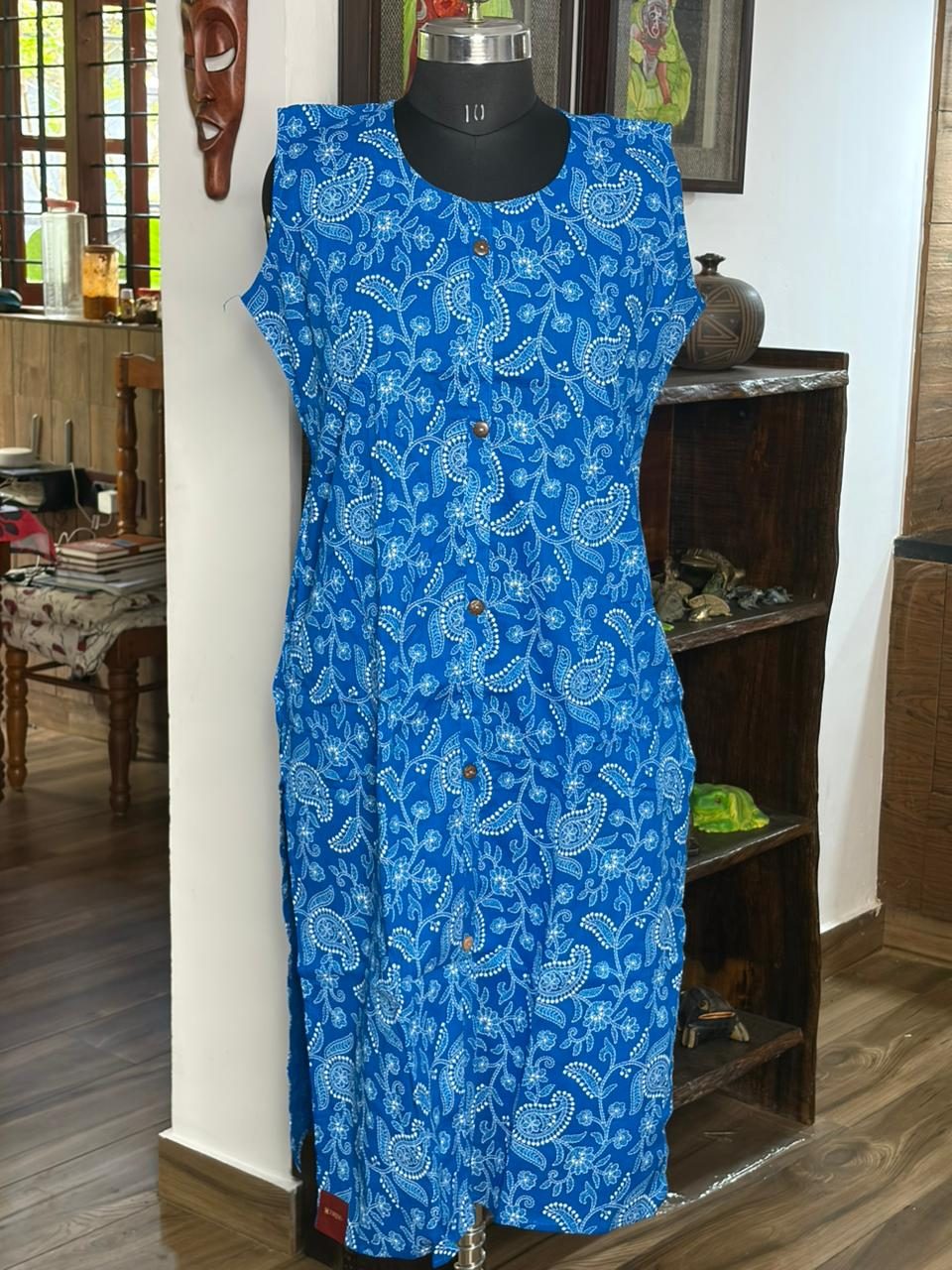 Cotton  Blue Kantha Work Sleeveless Kurthi