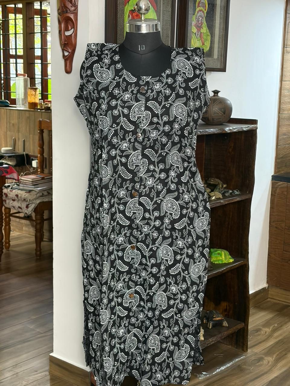 Cotton  Black Kantha Work Sleeveless Kurthi