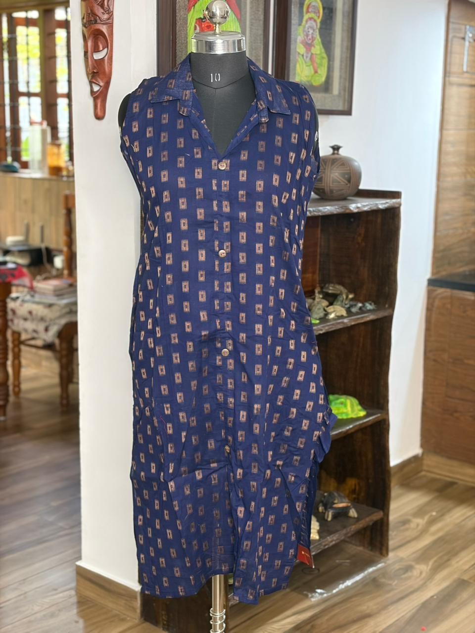 Cotton Navy  Blue Collar Neck Sleeveless Kurthi