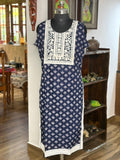 Cotton Navy  Blue White Embroidery Sleeveless Kurthi