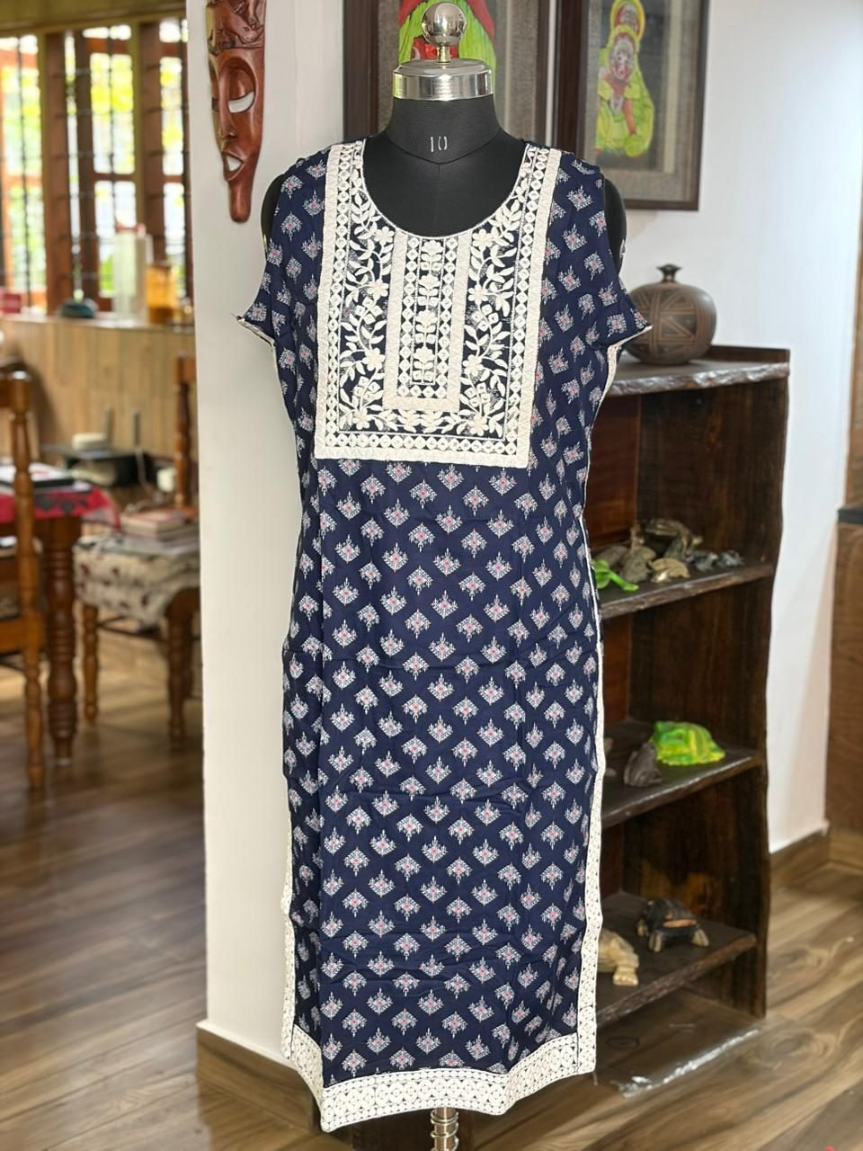 Cotton Navy  Blue White Embroidery Sleeveless Kurthi